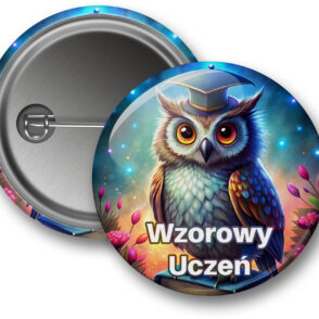 Przypinka 'Wzorowy Uczeń' z grafiką sowy w czapce absolwenta siedzącej na książce.
