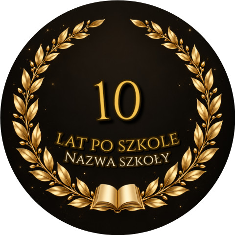 Wzór: Przypinka 10 Lat po Szkole – napis 10 lat po szkole i pole nazwa szkoły na eleganckiej grafice