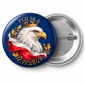 Przypinka 11 Listopada Orzeł na Granacie: przypinka na 11 Listopada z napisem POLSKA oraz polem data (np. 11.11.2026) – przód i aluminiowy tył z agrafką