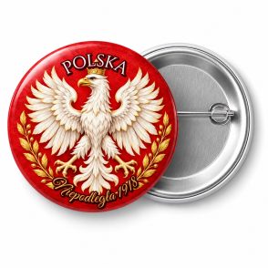 Przypinka 11 Listopada Orzeł z Koroną: przypinka na 11 Listopada z napisem POLSKA oraz polem napis dolny (np. Niepodległa 1918) – przód i aluminiowy tył z agrafką