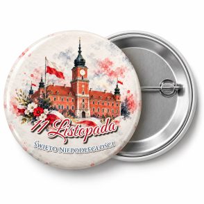 Przypinka 11 Listopada Zamek Królewski: przypinka na 11 Listopada z napisem 11 Listopada oraz polem napis dolny (np. Święto Niepodległości) – przód i aluminiowy tył z agrafką