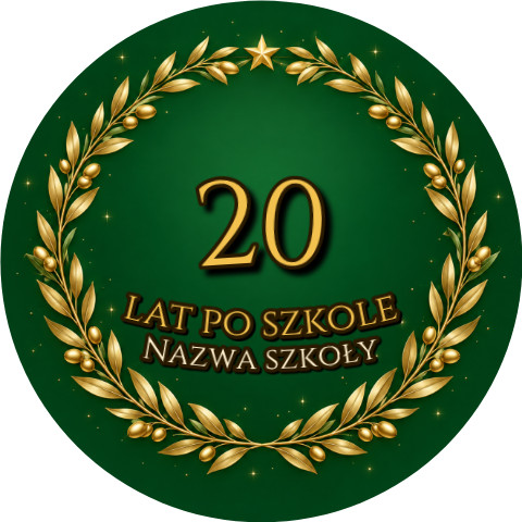 Wzór: Przypinka 20 Lat po Szkole – napis 20 lat po szkole i pole nazwa szkoły na eleganckiej grafice