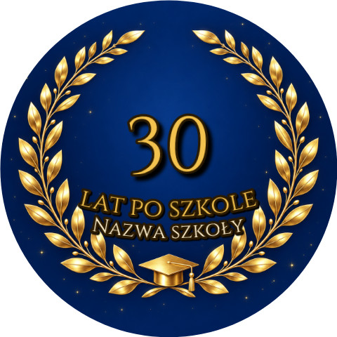 Wzór: Przypinka 30 Lat po Szkole – napis 30 lat po szkole i pole nazwa szkoły na eleganckiej grafice