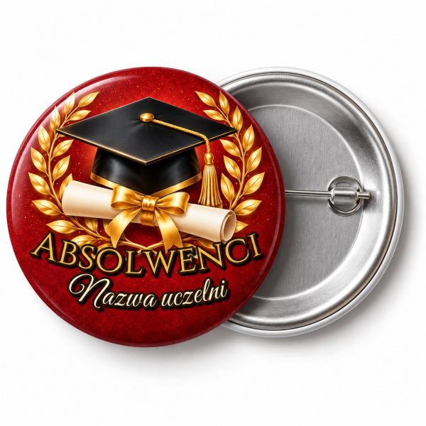 Przypinka Absolwenci Uczelni: przypinka na spotkanie klasowe z napisem Absolwenci oraz polem nazwa uczelni (np. Nazwa uczelni) – przód i aluminiowy tył z agrafką