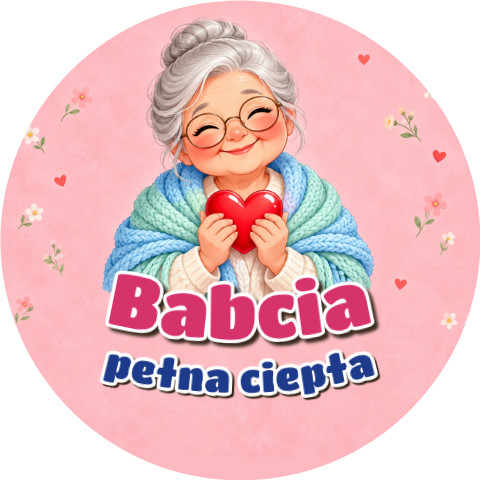 Wzór: Przypinka Babcia Pełna Ciepła – pastelowa grafika z napisem Babcia pełna ciepła