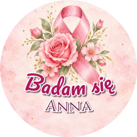 Wzór: Przypinka Badam Się Imię Róża – napis Badam się i pole imię