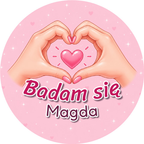 Wzór: Przypinka Badam Się Imię Serduszko – napis Badam się i pole imię