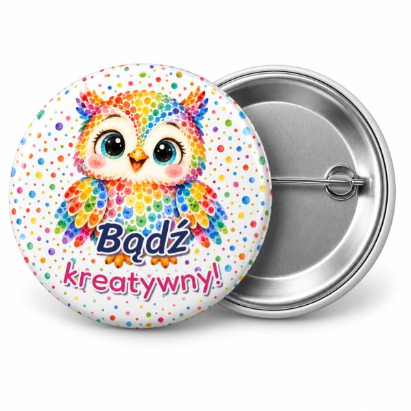 Przypinka Bądź Kreatywny: przypinka na Dzień Kropki z napisem Bądź kreatywny! – przód i aluminiowy tył z agrafką