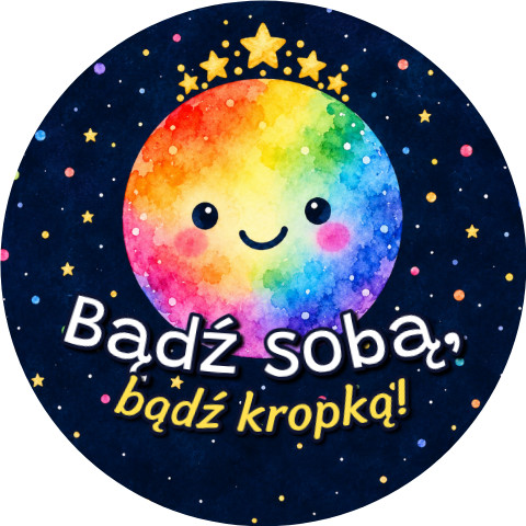 Wzór: Przypinka Bądź Sobą Bądź Kropką – grafika z napisem Bądź sobą, bądź kropką!