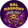Wzór: Przypinka Bal Maskowy Sylwestrowy – napis Bal Maskowy i pole rok na sylwestrowej grafice