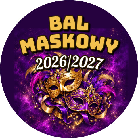 Wzór: Przypinka Bal Maskowy Sylwestrowy – napis Bal Maskowy i pole rok na sylwestrowej grafice