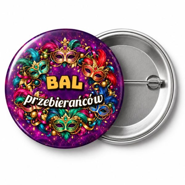 Przypinka Bal Przebierańców: przypinka na Sylwestra z napisem Bal przebierańców – przód i aluminiowy tył z agrafką