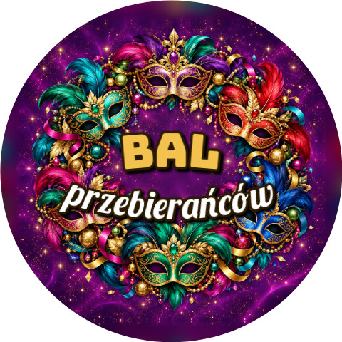 Wzór: Przypinka Bal Przebierańców – sylwestrowa grafika z napisem Bal przebierańców