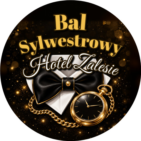 Wzór: Przypinka Bal Sylwestrowy Muszka i Frak – napis Bal Sylwestrowy i pole miejsce na sylwestrowej grafice