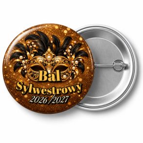 Przypinka Bal Sylwestrowy Złota Maska: przypinka na Sylwestra z napisem Bal Sylwestrowy oraz polem rok (np. 2026/2027) – przód i aluminiowy tył z agrafką