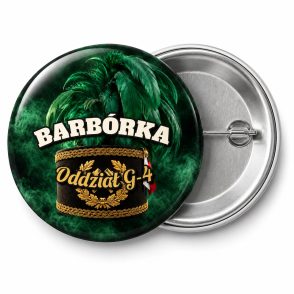 Przypinka Barbórka Pióropusz: przypinka na Barbórkę z napisem BARBÓRKA oraz polem oddział (np. Oddział G-4) – przód i aluminiowy tył z agrafką
