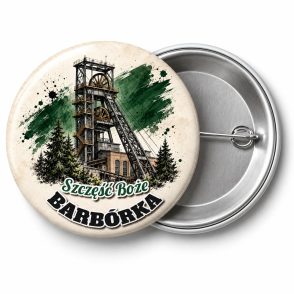 Przypinka Barbórka Szyb Szkic: przypinka na Barbórkę z napisem BARBÓRKA oraz polem pozdrowienie (np. Szczęść Boże) – przód i aluminiowy tył z agrafką