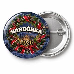 Przypinka Barbórka Wieniec Świąteczny: przypinka na Barbórkę z napisem BARBÓRKA oraz polem rok (np. 2026) – przód i aluminiowy tył z agrafką