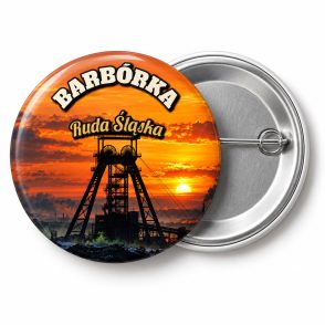 Przypinka Barbórka Wieża Szybowa: przypinka na Barbórkę z napisem BARBÓRKA oraz polem miejscowość (np. Ruda Śląska) – przód i aluminiowy tył z agrafką