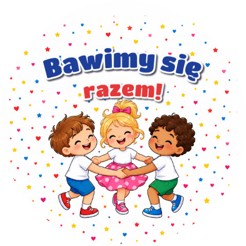Wzór: Przypinka Bawimy Się Razem Dzieci w Kółeczku – grafika z napisem Bawimy się razem!