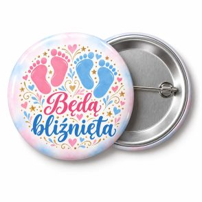 Przypinka Będą Bliźnięta: kolorowa przypinka na baby shower z napisem Będą bliźnięta – przód i aluminiowy tył z agrafką