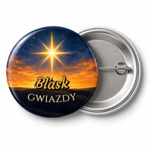 Przypinka Blask Gwiazdy: przypinka na Orszak Trzech Króli z napisem Blask gwiazdy – przód i aluminiowy tył z agrafką