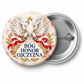 Przypinka Bóg Honor Ojczyzna Orzeł: przypinka na 11 Listopada z napisem BÓG HONOR OJCZYZNA – przód i aluminiowy tył z agrafką