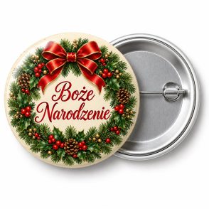 Przypinka Boże Narodzenie Wianek: przypinka na Boże Narodzenie z napisem Boże Narodzenie – przód i aluminiowy tył z agrafką