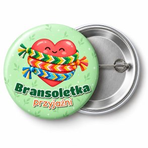 Przypinka Bransoletka Przyjaźni: przypinka na Dzień Myśli Braterskiej z napisem Bransoletka przyjaźni – przód i aluminiowy tył z agrafką