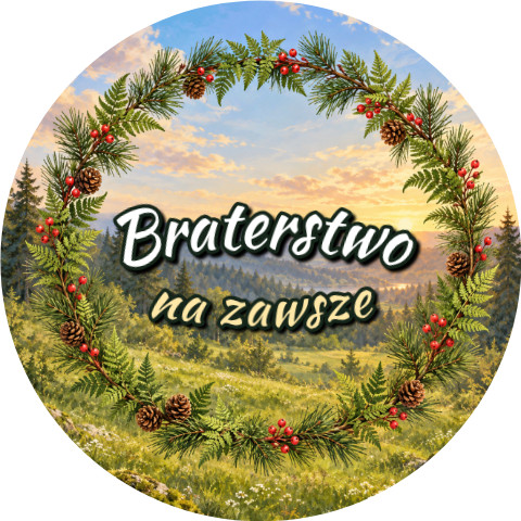 Wzór: Przypinka Braterstwo Wieniec z Gałązek – grafika z napisem Braterstwo na zawsze