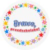 Wzór: Przypinka Brawo Przedszkolaku Kredkowe Gwiazdki – grafika z napisem Brawo, przedszkolaku!