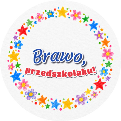 Wzór: Przypinka Brawo Przedszkolaku Kredkowe Gwiazdki – grafika z napisem Brawo, przedszkolaku!