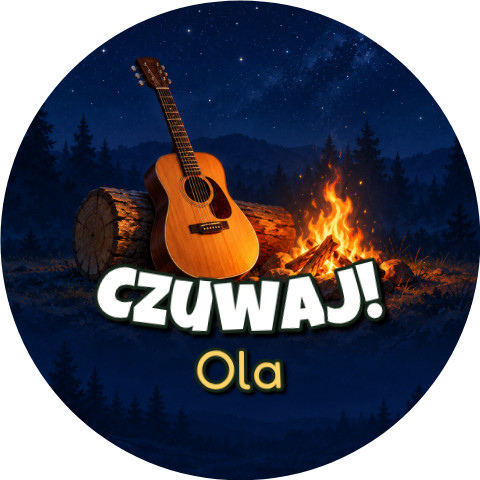 Wzór: Przypinka Czuwaj Imię Gitara – napis Czuwaj! i pole imię