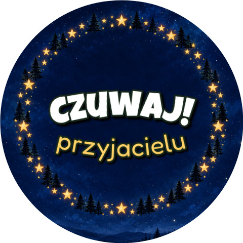 Wzór: Przypinka Czuwaj Przyjacielu Pierścień Gwiazd – grafika z napisem Czuwaj! przyjacielu