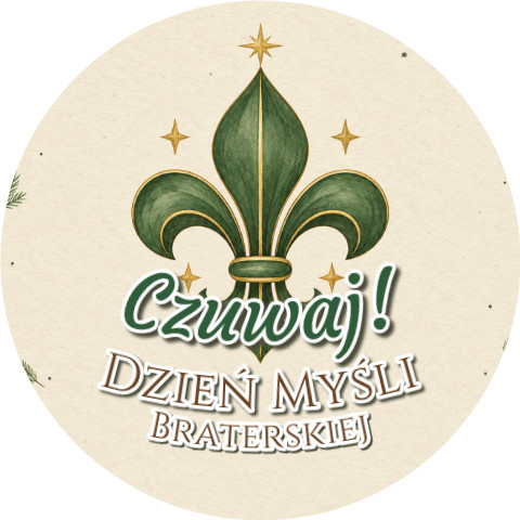 Wzór: Przypinka Czuwaj Zielona Lilijka – grafika z napisem Czuwaj! Dzień Myśli Braterskiej