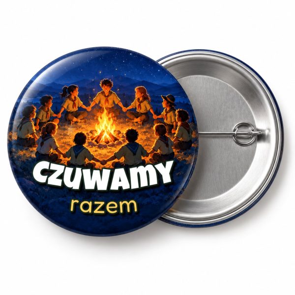 Przypinka Czuwamy Razem: przypinka na Dzień Myśli Braterskiej z napisem Czuwamy razem – przód i aluminiowy tył z agrafką
