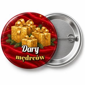 Przypinka Dary Mędrców: przypinka na Orszak Trzech Króli z napisem Dary mędrców – przód i aluminiowy tył z agrafką