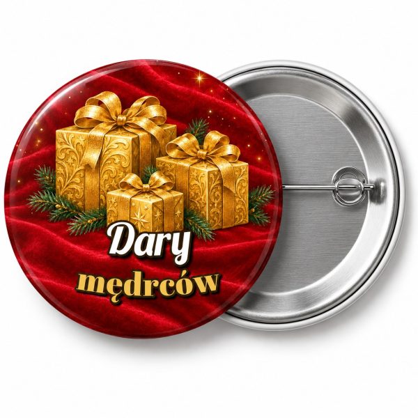 Przypinka Dary Mędrców: przypinka na Orszak Trzech Króli z napisem Dary mędrców – przód i aluminiowy tył z agrafką