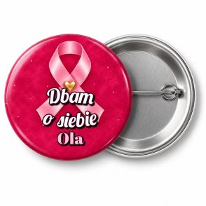 Przypinka Dbam o Siebie Imię: przypinka na Różowy Październik z napisem Dbam o siebie oraz polem imię (np. Ola) – przód i aluminiowy tył z agrafką