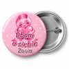Przypinka Dbam o Siebie Imię Przytulas: przypinka na Różowy Październik z napisem Dbam o siebie oraz polem imię (np. Zosia) – przód i aluminiowy tył z agrafką