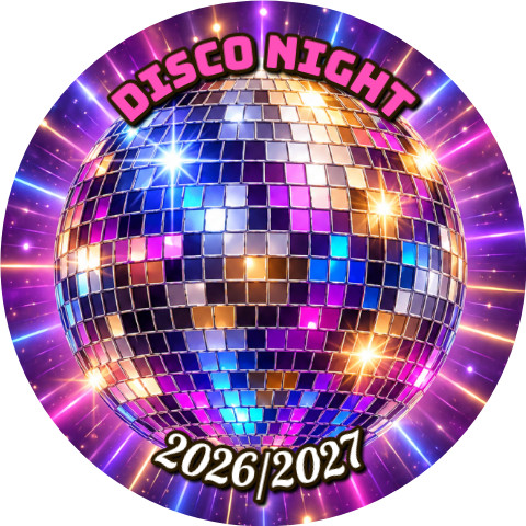 Wzór: Przypinka Disco Night Emblemat – napis DISCO NIGHT i pole rok na sylwestrowej grafice