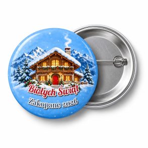 Przypinka Domek w Górach: przypinka na Boże Narodzenie z napisem Białych Świąt oraz polem miejscowość (np. Zakopane 2026) – przód i aluminiowy tył z agrafką