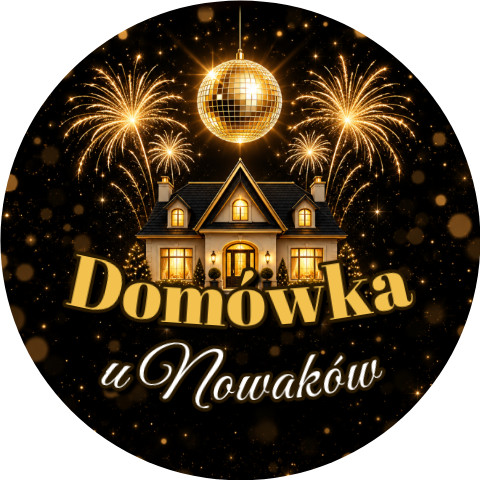 Wzór: Przypinka Domówka Sylwestrowa – napis Domówka i pole gospodarze na sylwestrowej grafice