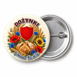 Przypinka Dożynki Chleb i Herb: kolorowa przypinka na dożynki z napisem DOŻYNKI oraz polem gmina (np. Gmina Kosów) – przód i aluminiowy tył z agrafką