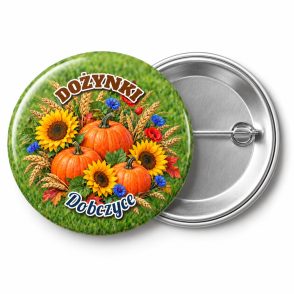 Przypinka Dożynki Dynie: kolorowa przypinka na dożynki z napisem DOŻYNKI oraz polem miejscowość (np. Dobczyce) – przód i aluminiowy tył z agrafką