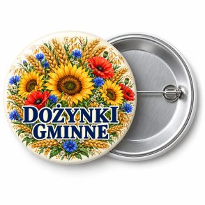 Przypinka Dożynki Malowane: kolorowa przypinka na dożynki z napisem DOŻYNKI GMINNE – przód i aluminiowy tył z agrafką