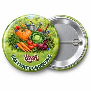 Przypinka Dożynki Ogrodowe: kolorowa przypinka na dożynki z napisem DOŻYNKI OGRODOWE oraz polem miejscowość (np. Łąck) – przód i aluminiowy tył z agrafką