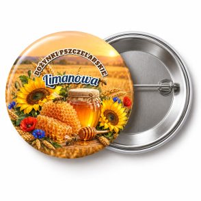 Przypinka Dożynki Pszczelarskie: kolorowa przypinka na dożynki z napisem DOŻYNKI PSZCZELARSKIE oraz polem miejscowość (np. Limanowa) – przód i aluminiowy tył z agrafką
