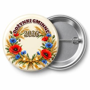 Przypinka Dożynki z Rokiem: kolorowa przypinka na dożynki z napisem DOŻYNKI GMINNE oraz polem rok (np. 2026) – przód i aluminiowy tył z agrafką