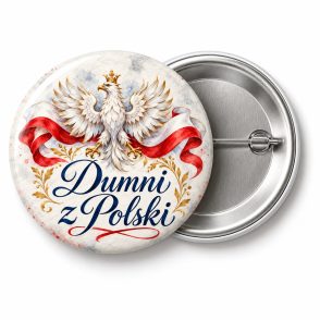 Przypinka Dumni z Polski: przypinka na 11 Listopada z napisem Dumni z Polski – przód i aluminiowy tył z agrafką